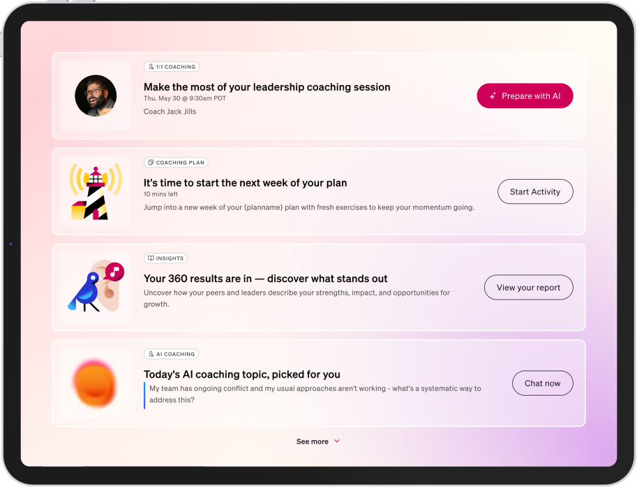 BetterUp app features shown on a tablet